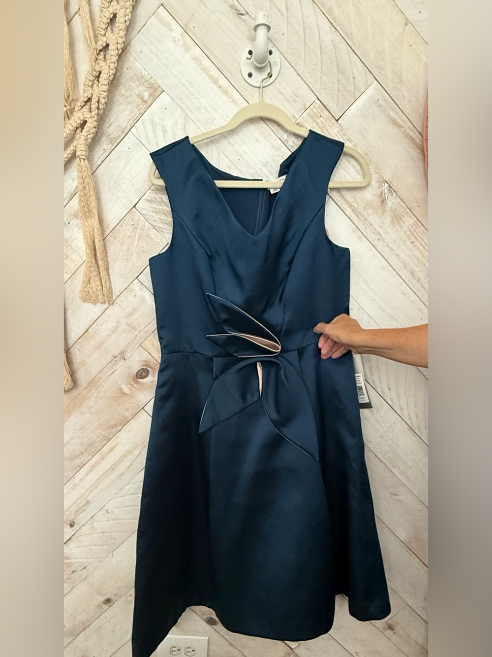 Kay Unger Navy Satin Midi Dress with Petal Waist Accent